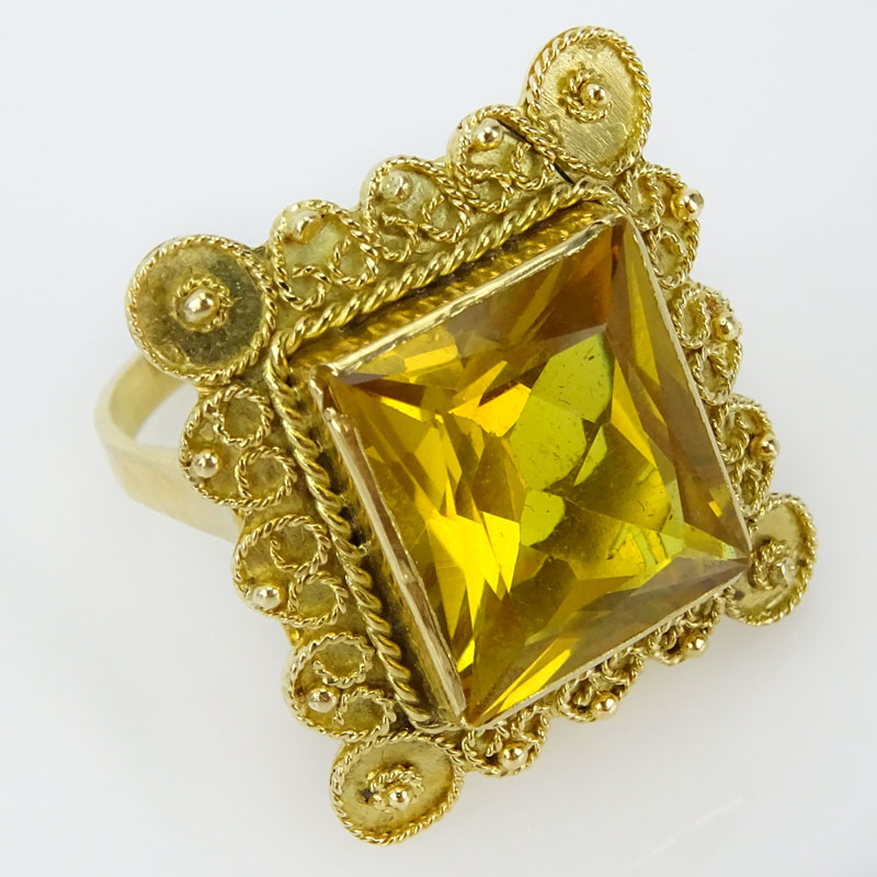 Vintage Etruscan style Citrine and 18 Karat Yellow Gold Ring.