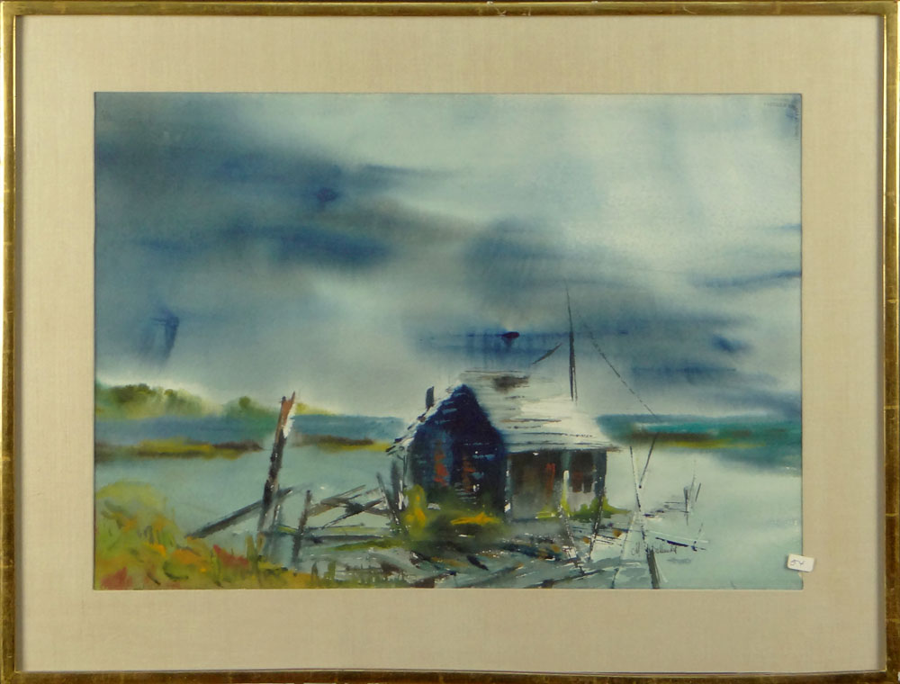 20th Century Watercolor on Paper "Cabin on the Shore". Signed M Schlecht.