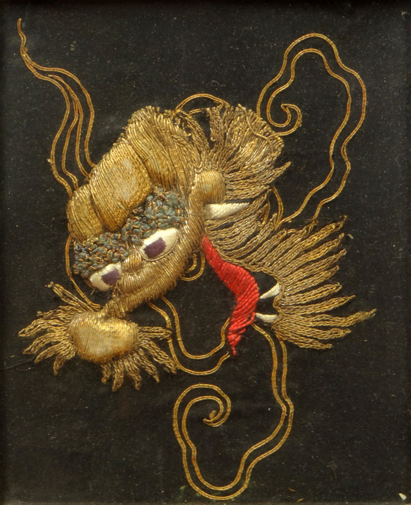 20th Century or Earlier Tibetan Dragon Embroidery, Framed. 