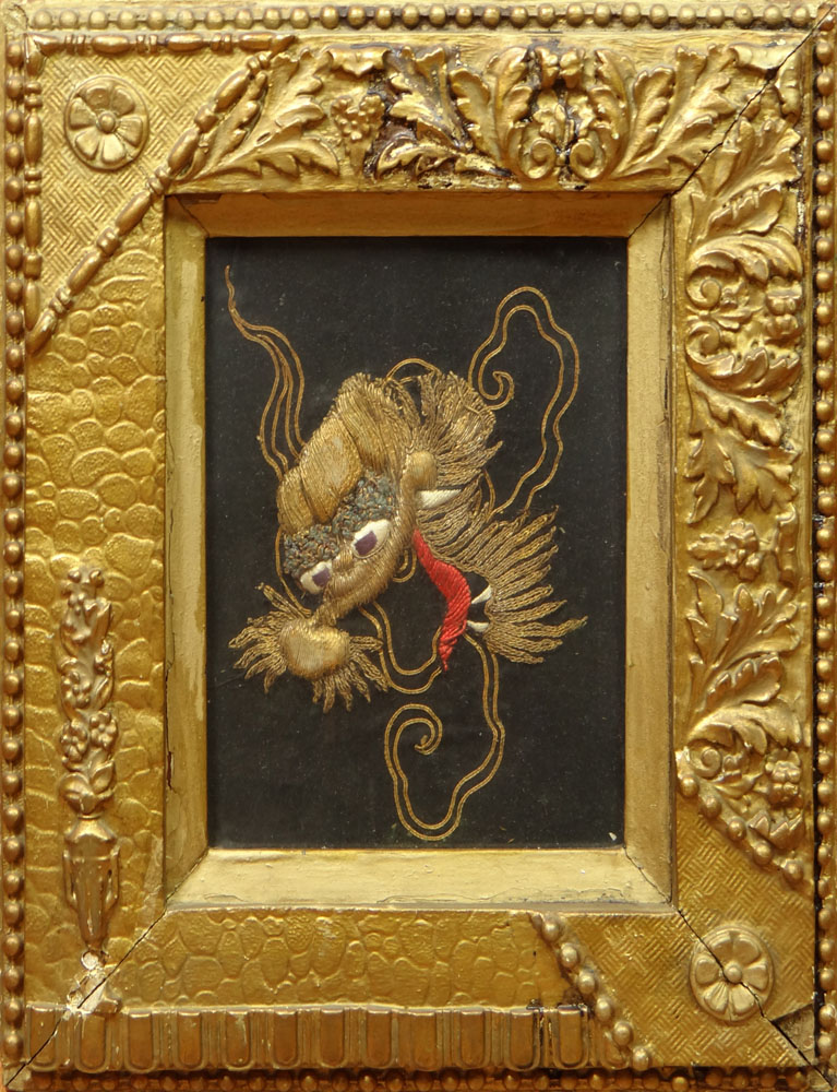 20th Century or Earlier Tibetan Dragon Embroidery, Framed. 