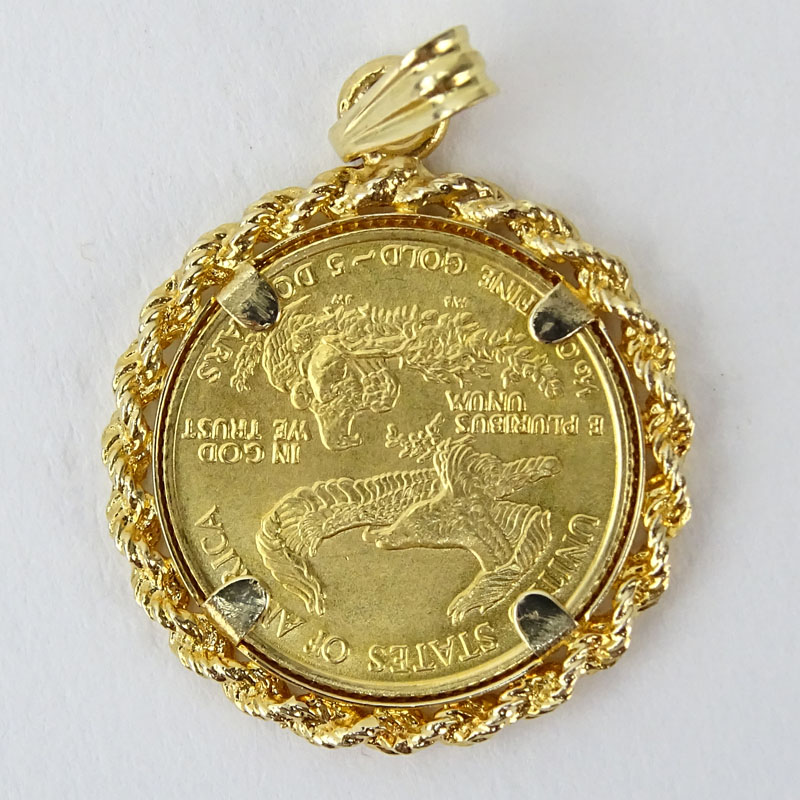 US Standing Liberty $5 Gold Coin Pendant with 14 Karat Yellow Gold Bezel.