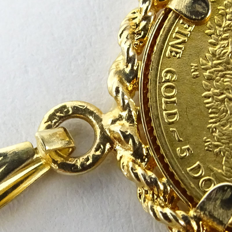 US Standing Liberty $5 Gold Coin Pendant with 14 Karat Yellow Gold Bezel.