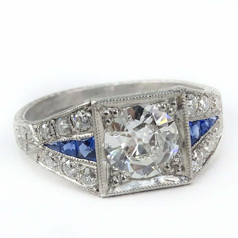 Art Deco Approx. .90 Carat Old European Cut Diamond, Sapphire and Diamond Ring. 