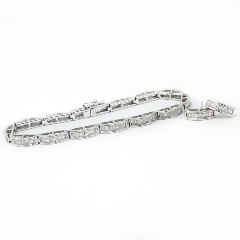 Vintage Approx. 3.0-3.5 Carat Baguette Cut Diamond and 14 Karat White Gold Bracelet and Earring Suite.