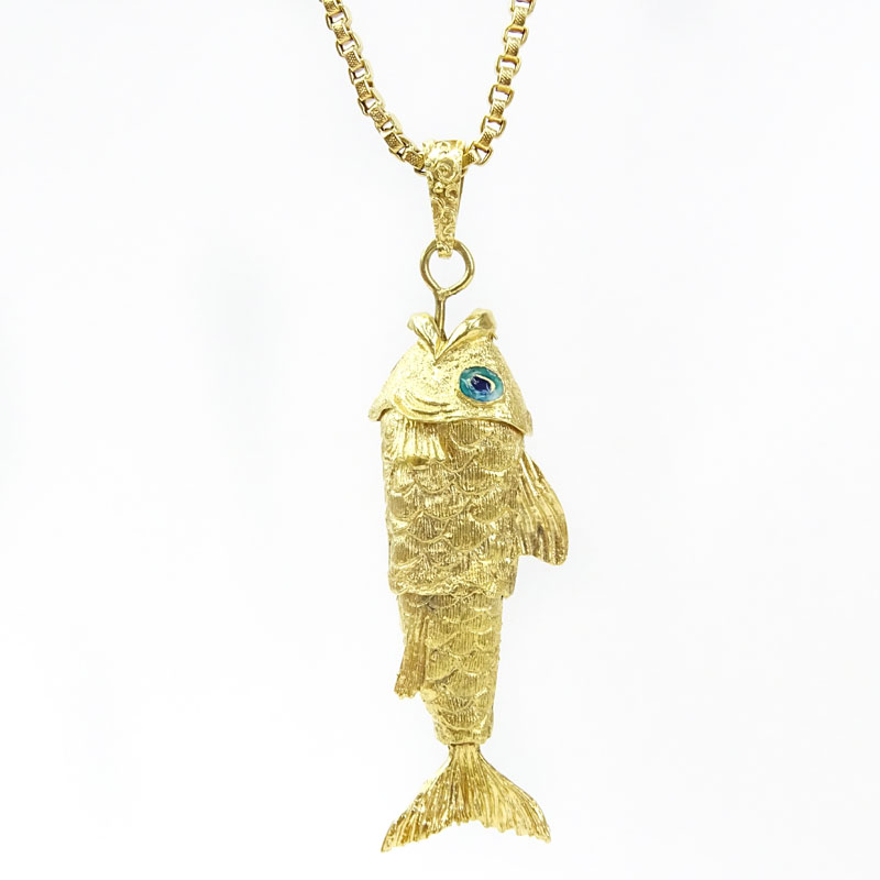 Vintage Italian 18 Karat Yellow Gold Articulated Fish Pendant on 18 Karat Yellow Gold Box Link Chain.