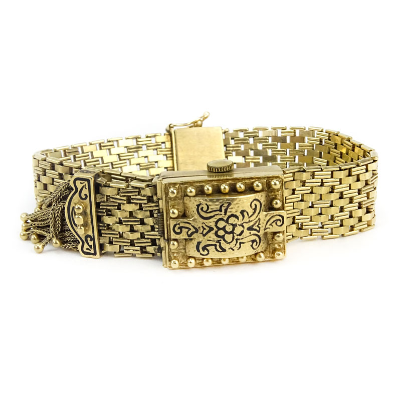 Victorian style Geneva 14 Karat Yellow Gold Bracelet Watch. Signed, stamped 14KT. 