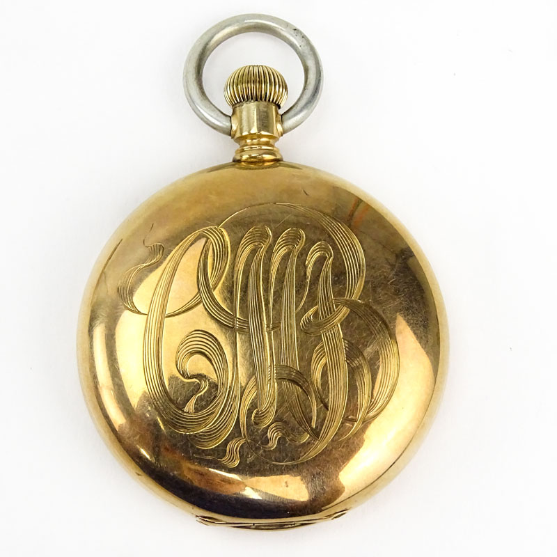 Antique Elgin 14 Karat Yellow Gold Pocket Watch with Monograms, white metal chain ring. 