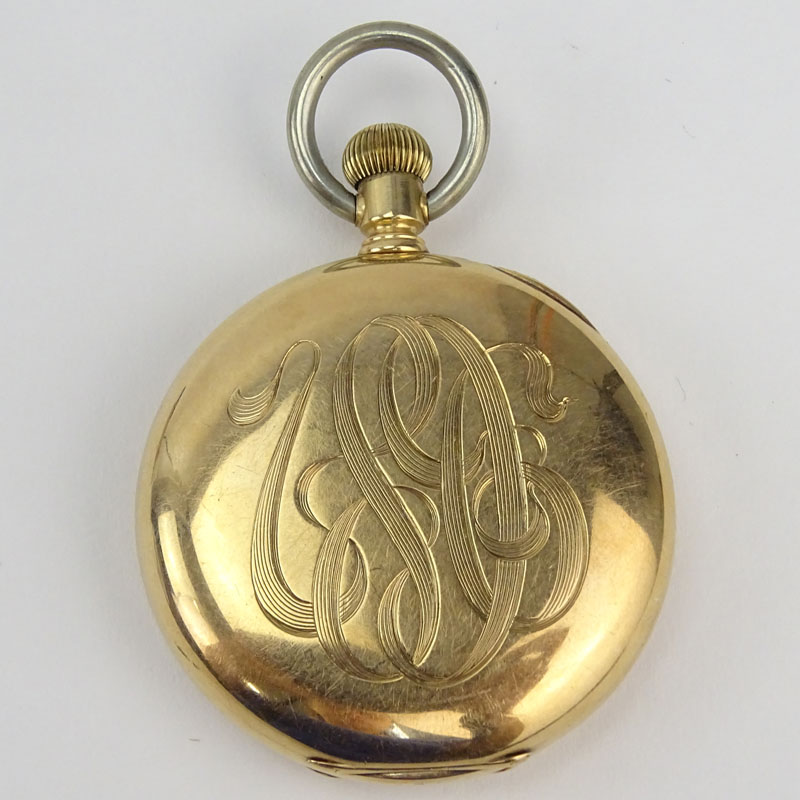 Antique Elgin 14 Karat Yellow Gold Pocket Watch with Monograms, white metal chain ring. 