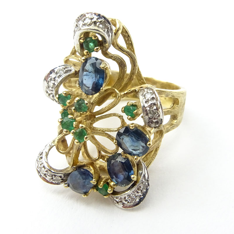 Vintage 14 Karat Yellow Gold Ring with Sapphires, Emeralds and Diamonds. 
