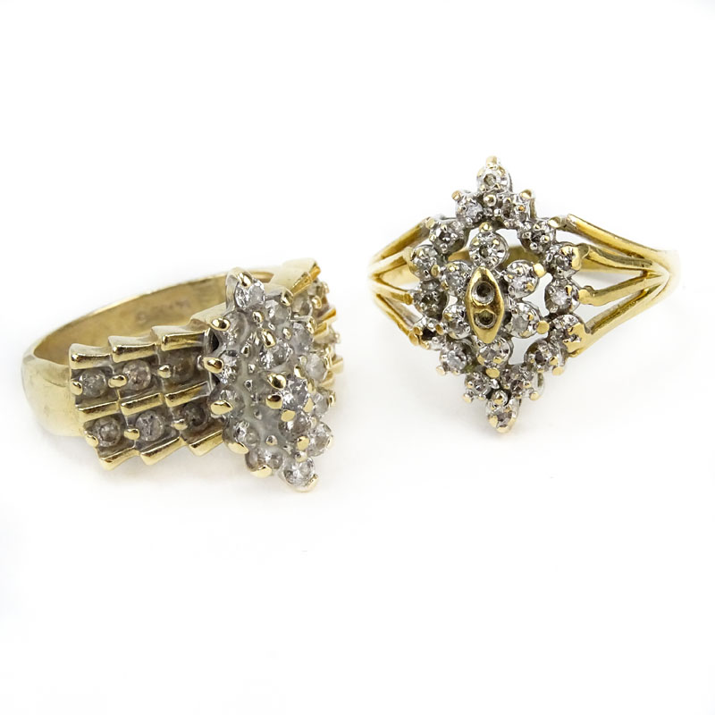 Vintage Diamond and 14 Karat Yellow Gold Cluster Ring together with Vintage Diamond and 10 Karat Yellow Gold Ring.