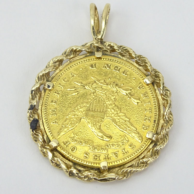 1901 US $10 Coronet Head Gold Coin in 14 Karat Yellow Gold Pendant.