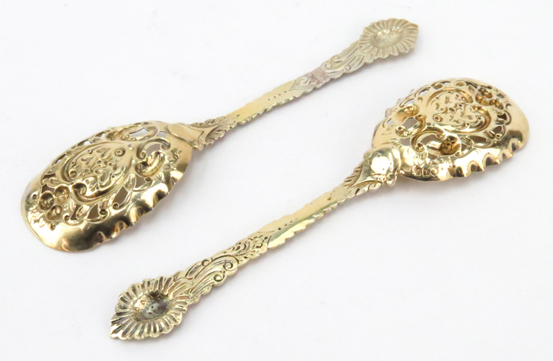 Pair Late 19th Century English Silver Pierced Serving Spoons.