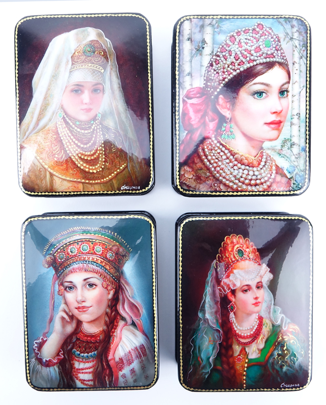 Collection of Five (5) Russian Fairy Tale Lacquered Boxes.