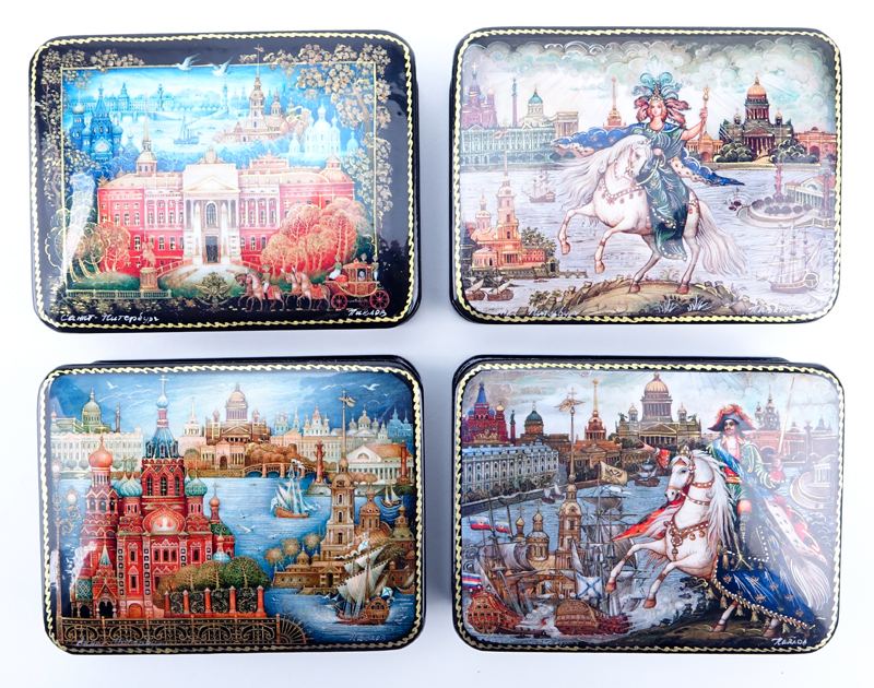 Collection of Five (5) Russian Fairy Tale Lacquered Boxes.