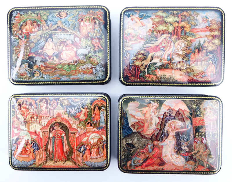 Collection of Five (5) Russian Fairy Tale Lacquered Boxes.