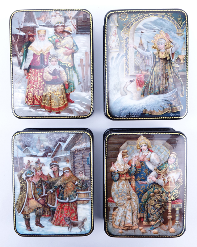 Collection of Five (5) Russian Fairy Tale Lacquered Boxes.