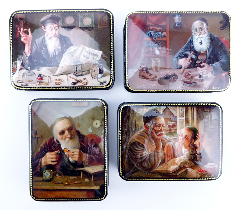 Collection of Five (5) Russian Judaica Lacquered Boxes.