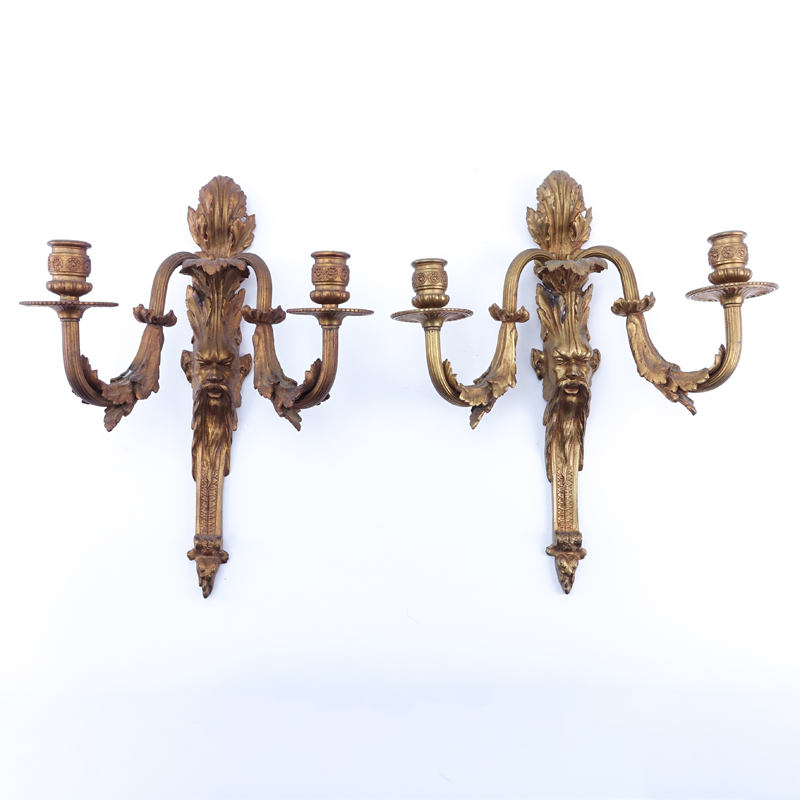 Pair of Antique Linke Style Figural Gilt Bronze Two Light Sconces.