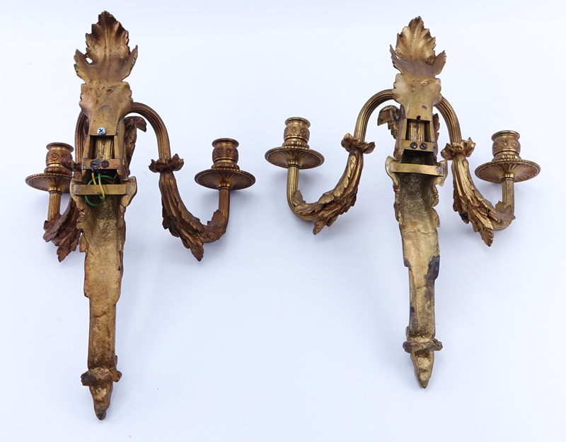 Pair of Antique Linke Style Figural Gilt Bronze Two Light Sconces.