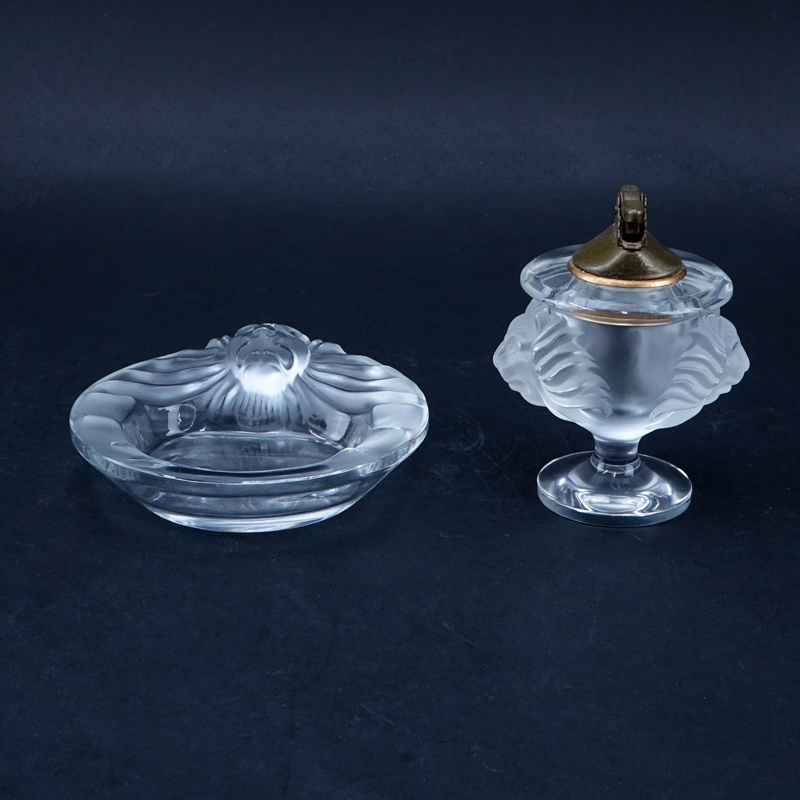 Two (2) Piece Lalique "Tete De Lion" Crystal Smoking Set.