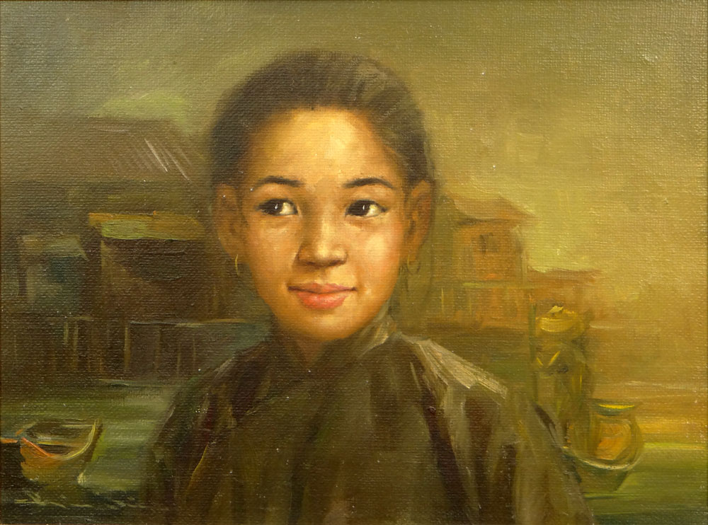 Mid 20th Century Possibly Chinese Oil on Canvas "Young Girl with Small Boats and Waterfront Buildings". 