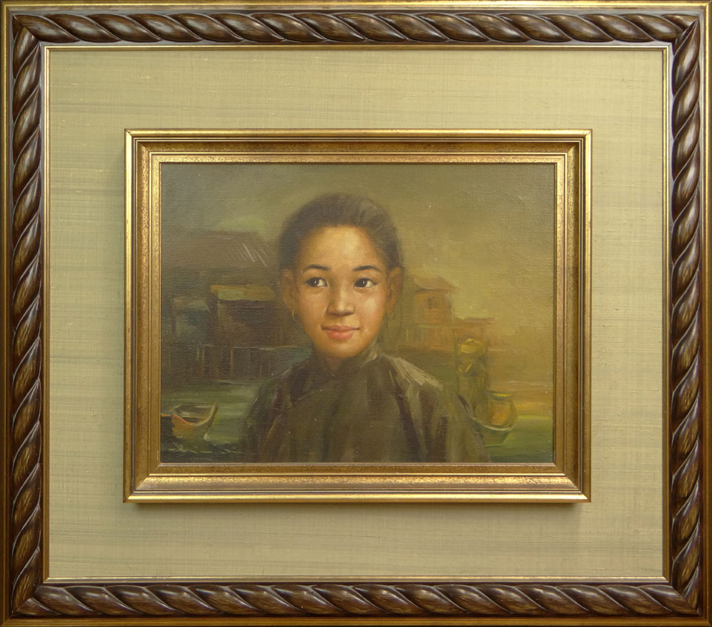 Mid 20th Century Possibly Chinese Oil on Canvas "Young Girl with Small Boats and Waterfront Buildings". 