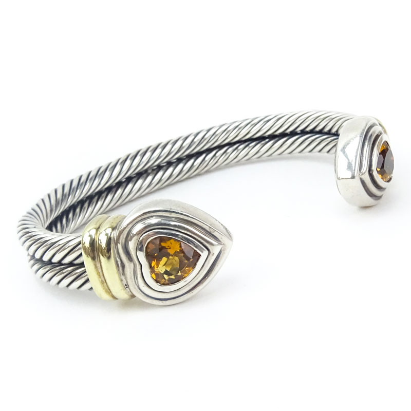 Vintage David Yurman Heart Shape Citrine, 14 Karat Yellow Gold and Sterling Silver Double Cable Cuff Bangle.