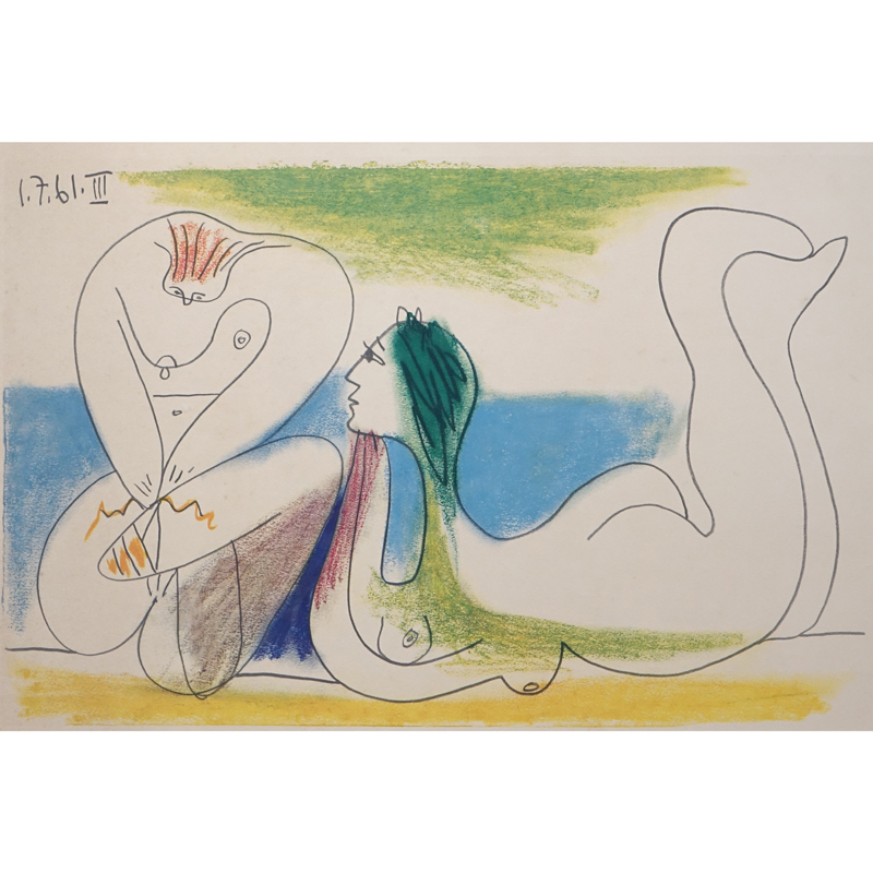 After Pablo Picasso, Spanish (1881-1973) Color lithograph "Adam and Eve" on Arches paper. 