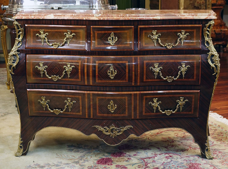 Mid 20th Century Regence Style Gilt Bronze Mounted Kingwood Marquetry Inlaid Marble Top Commode en Tombeau.