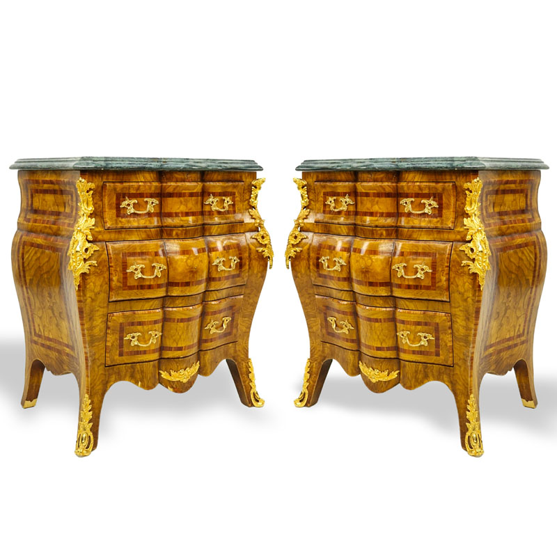 Pair of Mid 20th Century Regence Style Gilt Bronze Mounted Burl Walnut Marble Top Commodes en Tombeau.