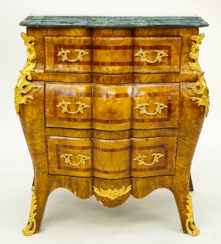 Pair of Mid 20th Century Regence Style Gilt Bronze Mounted Burl Walnut Marble Top Commodes en Tombeau.