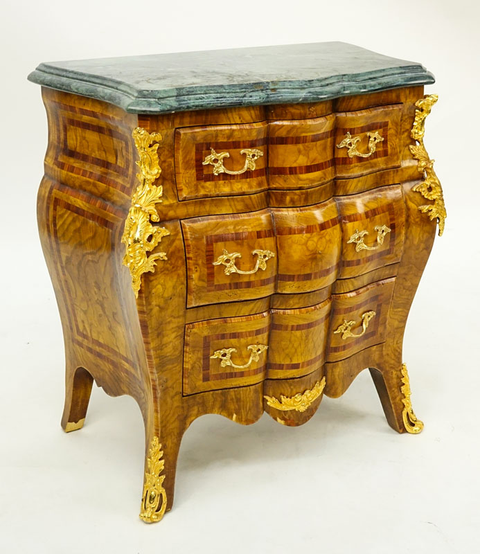 Pair of Mid 20th Century Regence Style Gilt Bronze Mounted Burl Walnut Marble Top Commodes en Tombeau.