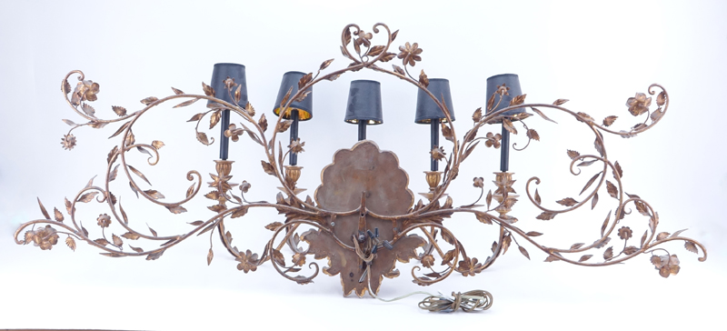 Large Italian Gilt Metal and Wood 5 Light Wall Sconce.