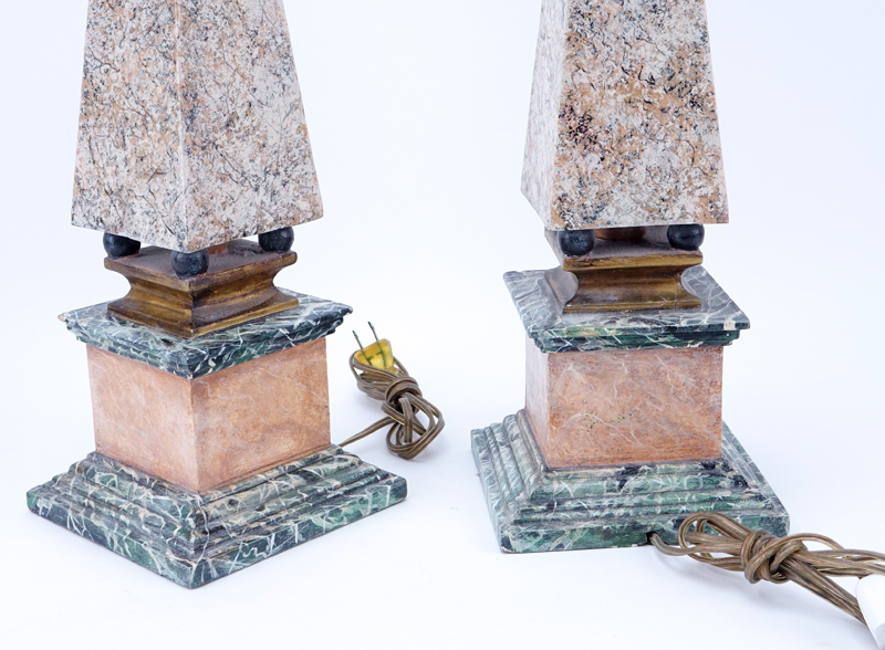 Pair of Neoclassical Style Polychrome Faux Marble Obelisk Form Lamps.