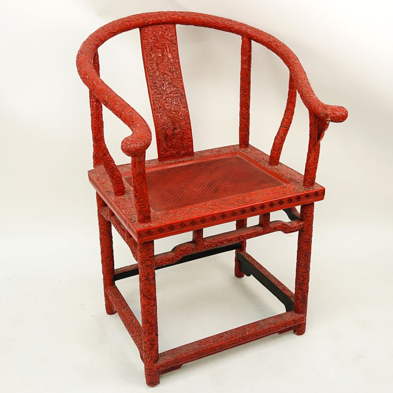 Late 19th or Early 20th Century Chinese Cinnabar Lacquer Chair with Horseshoe Back.