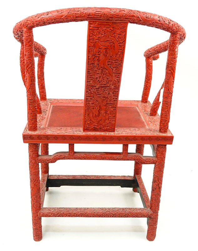 Late 19th or Early 20th Century Chinese Cinnabar Lacquer Chair with Horseshoe Back.