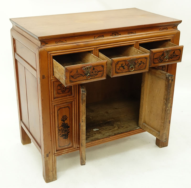 Circa 1900 Chinese Cypress Wood Commode with Three (3) Drawers, Two (2) Doors, Painted Decoration to Front.