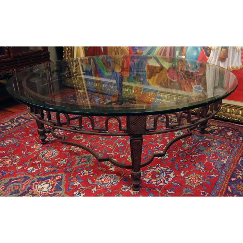 Neoclassical Style Cast Iron Coffee Table with Beveled Glass Top. Rubbing to iron.