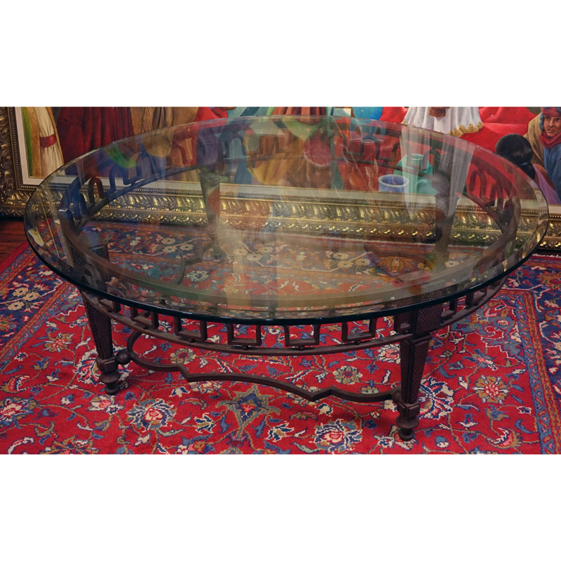 Neoclassical Style Cast Iron Coffee Table with Beveled Glass Top. Rubbing to iron.