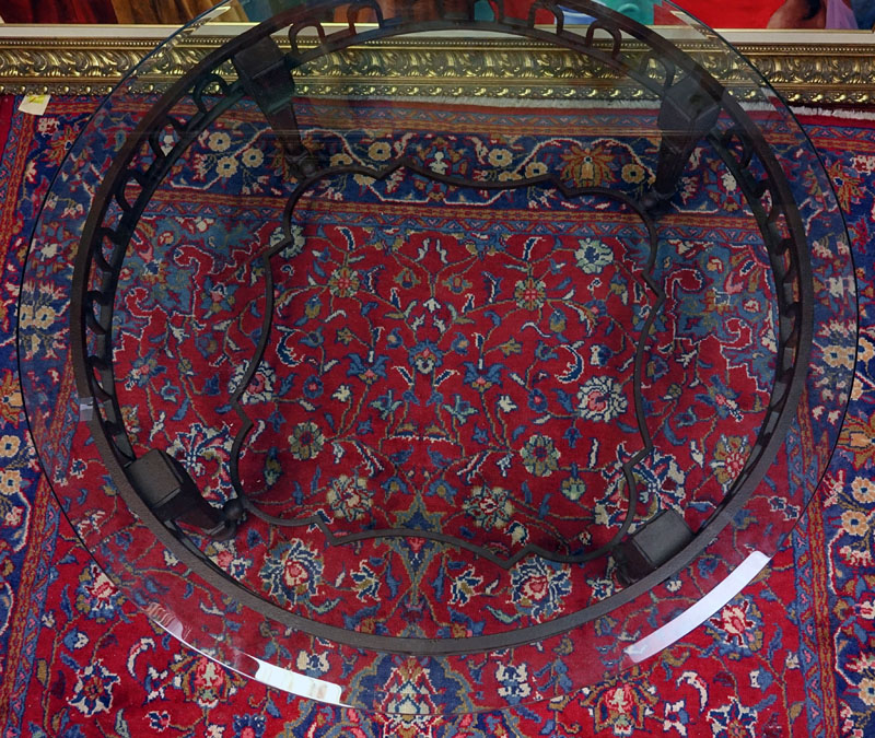 Neoclassical Style Cast Iron Coffee Table with Beveled Glass Top. Rubbing to iron.