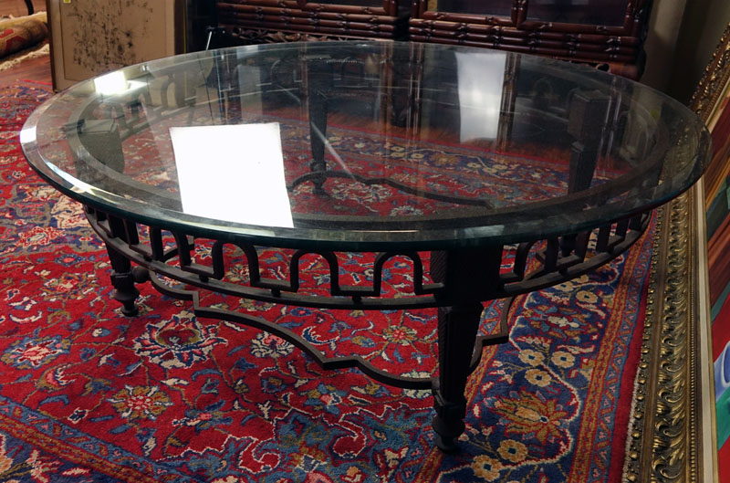 Neoclassical Style Cast Iron Coffee Table with Beveled Glass Top. Rubbing to iron.