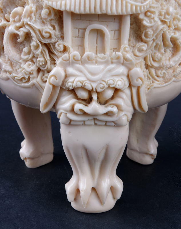 Vintage Faux Ivory Lidded Vessel. Features dragon ring handles, foo dog finial. 