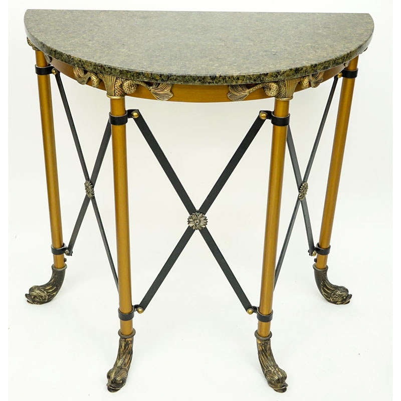 Modern Empire Style Metal and Brass Mounted Demi Lune Table with Marble Top.