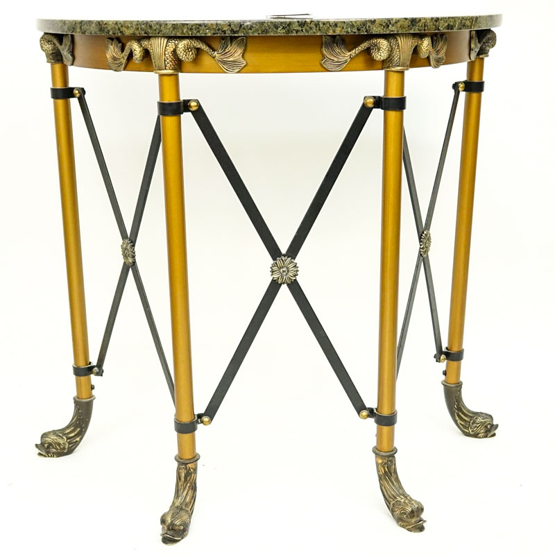 Modern Empire Style Metal and Brass Mounted Demi Lune Table with Marble Top.