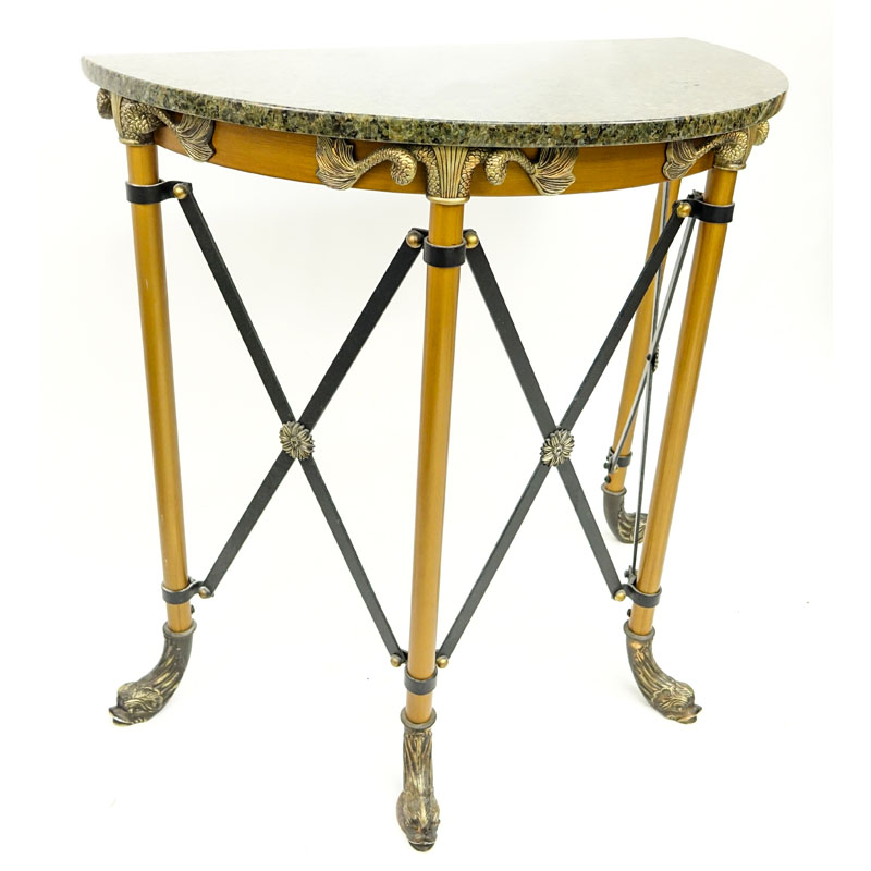 Modern Empire Style Metal and Brass Mounted Demi Lune Table with Marble Top.