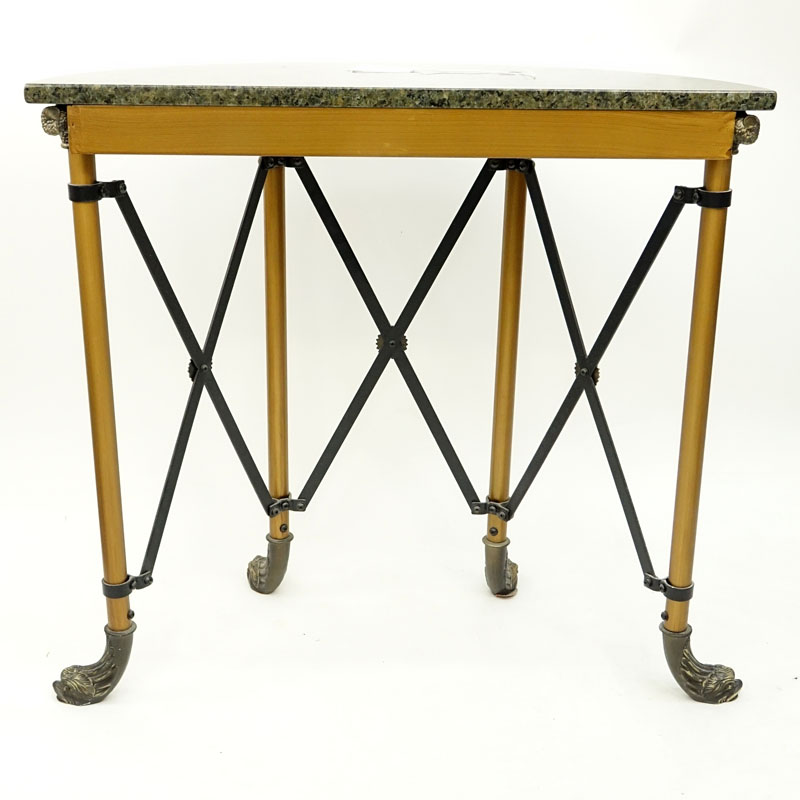 Modern Empire Style Metal and Brass Mounted Demi Lune Table with Marble Top.