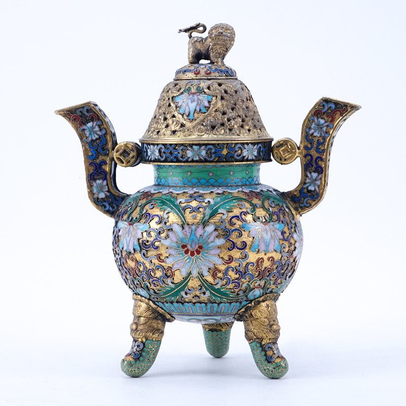 Chinese Cloisonné Enamel Part-Gilt Metal Covered Censer with Foo Dog Finial.