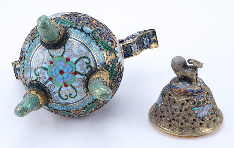 Chinese Cloisonné Enamel Part-Gilt Metal Covered Censer with Foo Dog Finial.