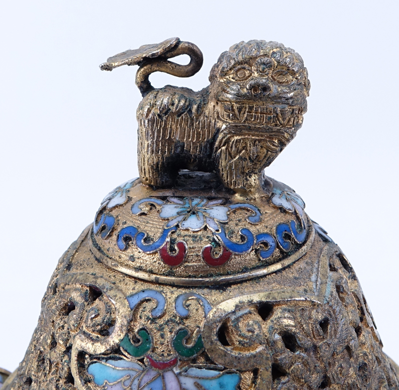 Chinese Cloisonné Enamel Part-Gilt Metal Covered Censer with Foo Dog Finial.