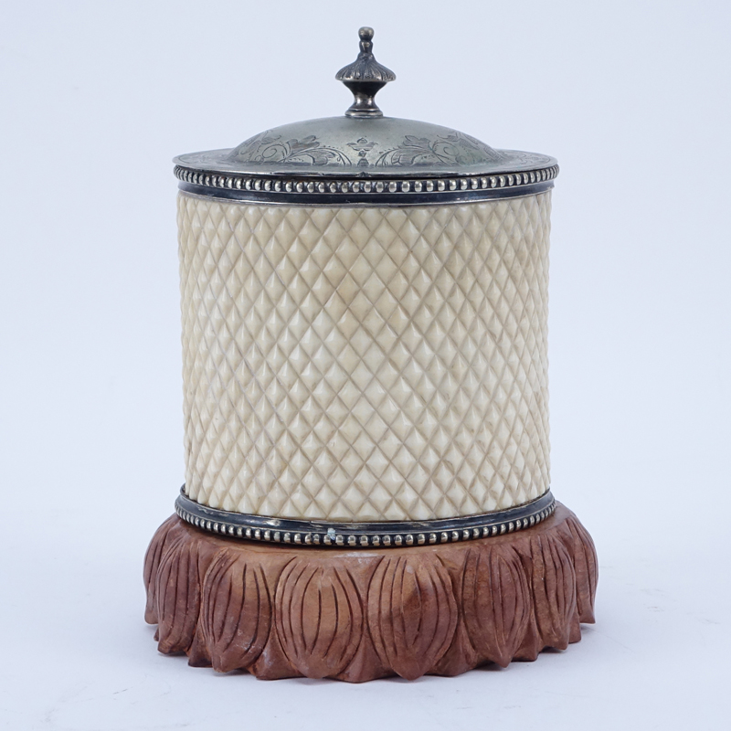 Victorian Silver Plate and Ivory Tea Caddy on Wooden Base.